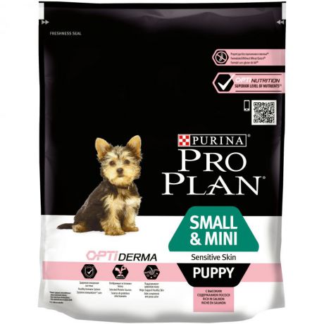 Сухой корм Purina Pro Plan для щенков мелких и карликовых пород с чувствительной кожей, лосось с рисом, пакет, 700 г 12272467