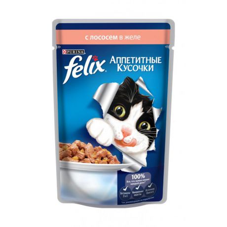 Консервы для кошек Purina Felix Аппетитные кусочки, лосось, пауч, 85 г 12318918
