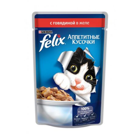 Консервы для кошек Purina Felix Аппетитные кусочки, говядина, пауч, 85 г 12318916