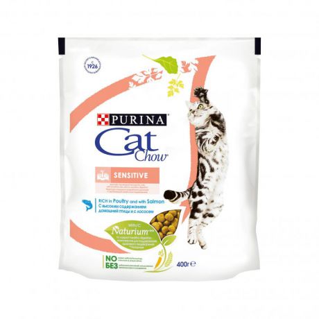 Сухой корм Purina Cat Chow Sensitive для взрослых кошек с чувствительным пищеварением, птица и лосось, пакет, 400 г 12267406
