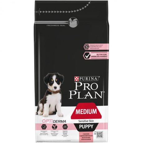 Сухой корм Purina Pro Plan для щенков средних пород с чувствительной кожей, лосось с рисом, пакет, 1,5 кг 12272384