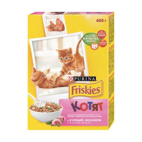 Сухой корм для котят Purina Friskies, курица, молоко и овощи, пакет, 400 г 12152494