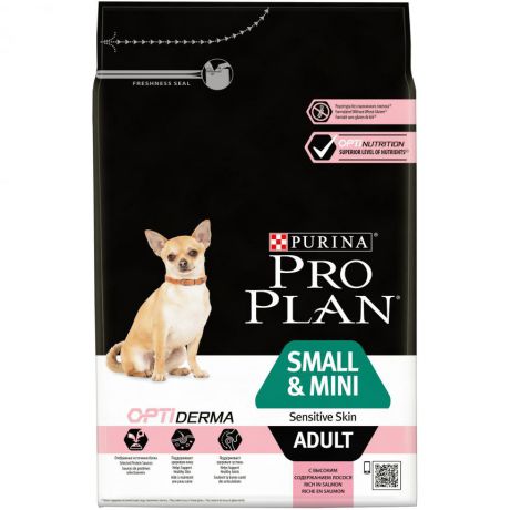 Сухой корм Purina Pro Plan для взрослых собак мелких и карликовых пород с чувствительной кожей, лосось с рисом, пакет, 3 кг 12272215
