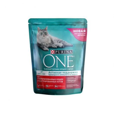 Сухой корм Purina ONE для стерилизованных кошек и котов с говядиной и пшеницей, Пакет 750 г 12397659