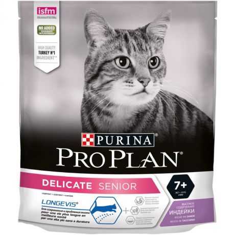 Сухой корм Purina Pro Plan Delicate Senior для взрослых кошек старше 7 лет с чувствительным пищеварением, с индейкой, пакет, 400 г 12372468
