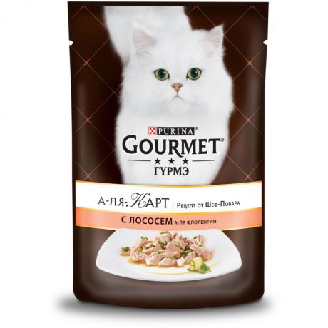 Консервы для кошек Purina Gourmet A la Carte, лосось à la Florentine, шпинат, цуккини и зелёная фасоль, пауч, 85 г 12402118