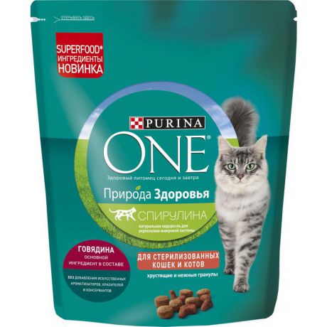 Сухой корм Purina One Природа Здоровья для стерилизованных кошек и кастрированных котов, с высоким содержанием говядины, 180 г 12384539