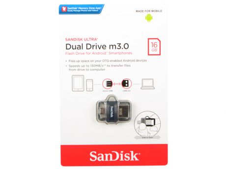 USB флешка SanDisk Ultra Dual Drive OTG 16GB Black (SDDD3-016G-G46) USB 3.0 / 130 МБ/cек