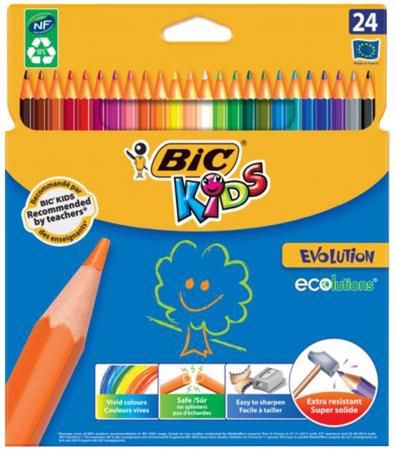 Карандаши цветные BIC "Kids ECOlutions Evolution", 24 цвета, пластиковые, заточенные, европодвес, 93