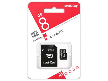 Карта памяти Micro SDHC 8GB Smartbuy Сlass 4 (с адаптером SD)
