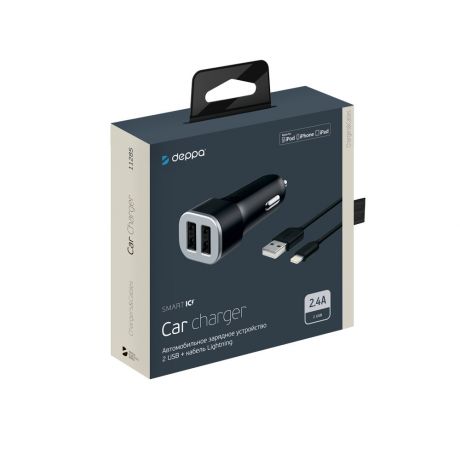 Автомобильное зарядное устройство Deppa 2 USB 2.4А, дата-кабель Lightning (MFI), черный