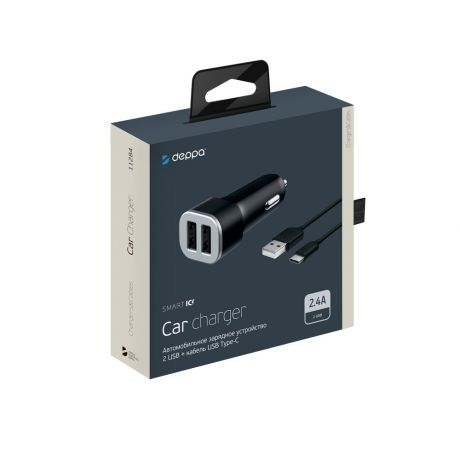 Автомобильное зарядное устройство Deppa 2 USB 2.4А + кабель USB Type-C, черный