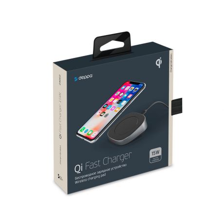 Беспроводное зарядное устройство Deppa Qi Fast Charger 15W, Apple 7.5W, стандарт Qi, черный/графит