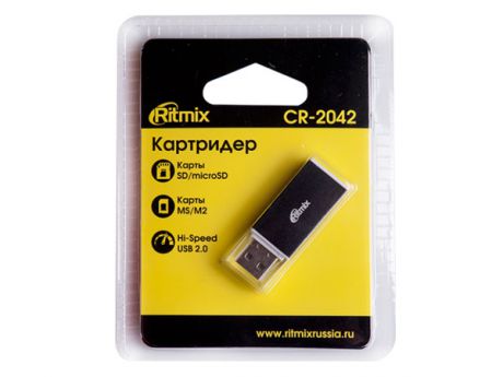 Картридер RITMIX CR-2042 black, SD/microSD, поддерживает SD, microSD, MS, M2 карты памяти, Plug-n-Play, питание от USB, 5В, скорость, до 480 Мбит/с