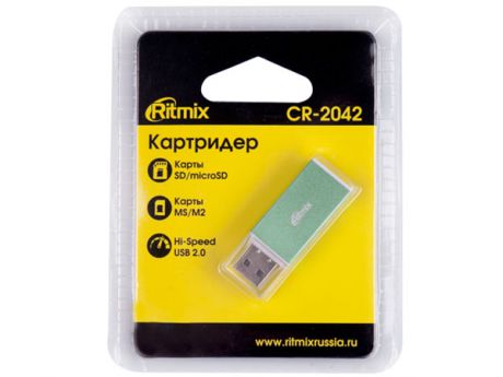 Картридер RITMIX CR-2042 green, SD/microSD, поддерживает SD, microSD, MS, M2 карты памяти, Plug-n-Play, питание от USB, 5В, скорость, до 480 Мбит/с