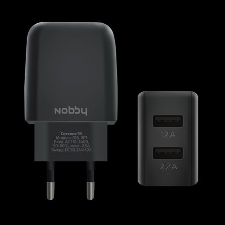Сетевое зарядное устройство Nobby Comfort, 2USB, 3,4А (2.1/1.2А), Soft Touch, черный, 016-001