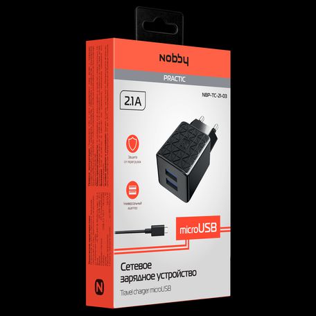 Сетевое зарядное устройство Nobby Practic, 2USB, 2.1А, кабель micro-USB, NBP-TC-21-03, черный