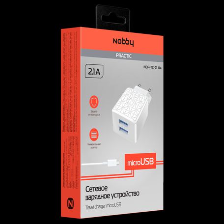 Сетевое зарядное устройство Nobby Practic, 2USB, 2.1А, кабель micro-USB, NBP-TC-21-04, белый