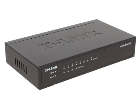 Коммутатор D-Link Switch DES-1008P/C1A Неуправляемый коммутатор с 8 портами 10/100Base-TX (4 порта с поддержкой PoE 802.3af (15,4 Вт), PoE-бюджет 52 В
