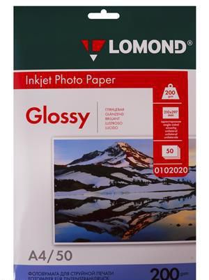 Бумага ФОТО А4 50л 200г/м2, для принтеров, глянцевая односторонняя, Lomond