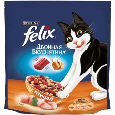 Сухой корм для домашних кошек Purina Felix Двойная вкуснятина с птицей, пакет, 1.5 кг 12378966