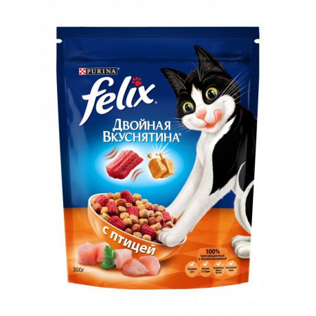 Сухой корм для домашних кошек Purina Felix Двойная вкуснятина с птицей, пакет, 300 г 12367741