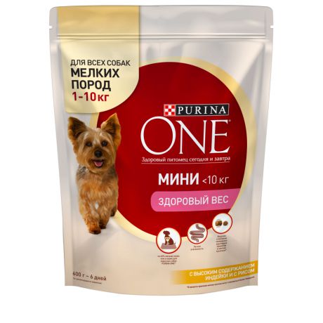 Сухой корм для собак мелких пород Purina ONE МИНИ Здоровый вес, с индейкой и рисом, пакет, 600 г 12363219