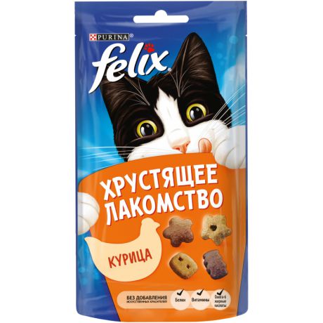 Хрустящее Лакомство Felix для взрослых кошек с курицей, пауч, 60г 12393617