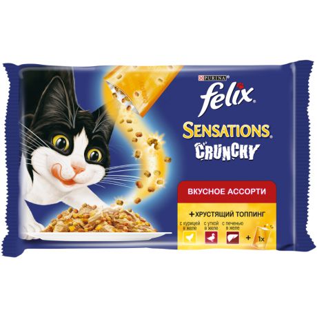 Консервы для кошек Purina Felix Sensations Вкусное ассорти c Хрустящим топпингом, курица, утка и печень, 267 г 12351441