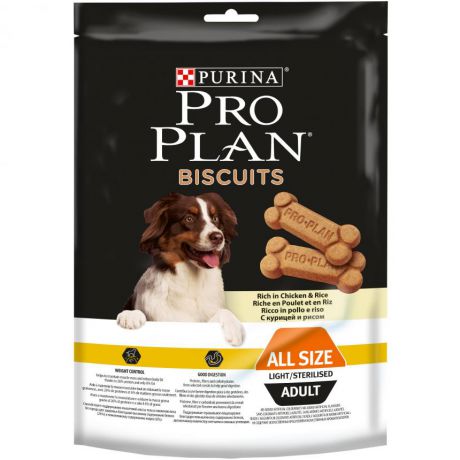 Лакомство Purina Pro Plan Biscuits для склонных к избыточному весу или стерилизованных собак, с курицей и рисом, пакет, 400 г 12333256