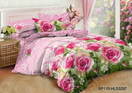 Комплект постельного белья «Сказочная поляна». 1,5-спальный. Рисунок: розы на розовом