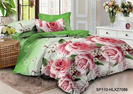 Комплект постельного белья «Сказочная поляна». 1,5-спальный. Рисунок: розы на зеленом