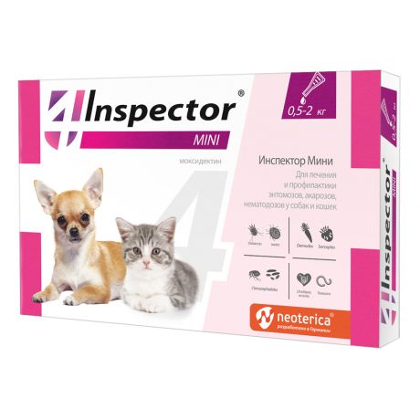 Капли для кошек и собак INSPECTOR 0,5-2 килограмма, капли от внеш. и внутр. паразитов 1 пипетка
