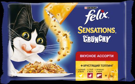 Паучи Felix Sensations Ассорти с хрустящим топпингом для кошек (3 х 85 г, Мясо)