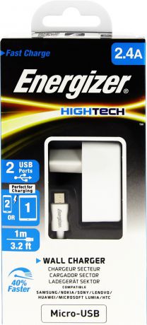 СЗУ Energizer Hightech + Дата-кабель microUSB 1USB c поддержкой Qualcomm Quick Charge 2.0 (ACW1QEUHMC3) White