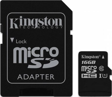Карта памяти MicroSDHC Kingston SDC10G2 16Gb Class10 U1 UHS-I с адаптером Black