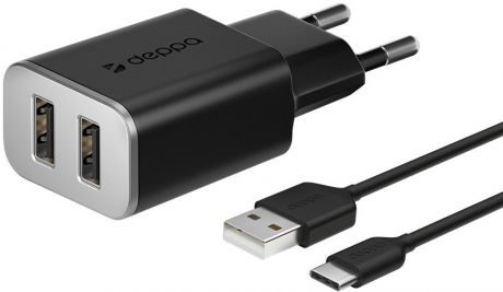 СЗУ Deppa 2USB 2.4А+дата-кабель USB-Type-C black