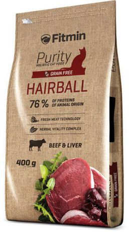 Сухой корм Fitmin Cat Purity Hairball для взрослых длинношерстных кошек (400 г, Говядина)