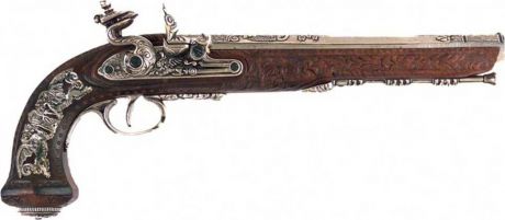Пистолет дуэльный. Оружейная реплика. Произведен мастером Буте, 1810 год, никель