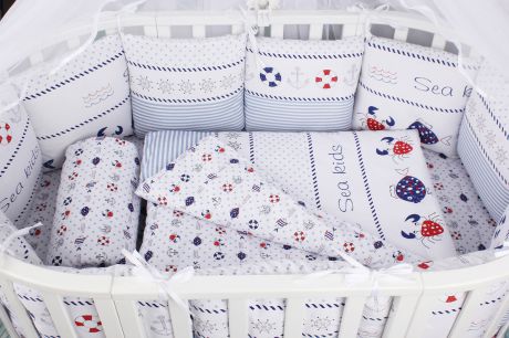 Комплект постельного белья детский AmaroBaby Криуз Premium, сатин, белый, голубой, 18 предметов
