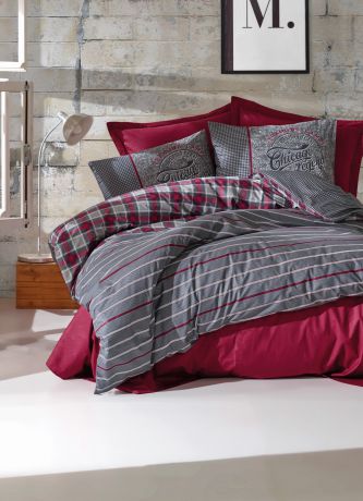 Комплект постельного белья Cotton Box Masculine Jonas 1,5, бордовый, серый