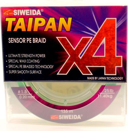 Плетеный шнур Siweida Taipan Sensor Pe Braid X4, 0066540, зеленый, 0,2 мм, 11,4 кг, 135 м