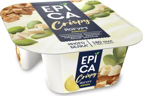 Йогурт Epica Crispy, с лимоном, смесь из семян тыквы, печенья бискотти и белого шоколада, 8,6 %, 140 г