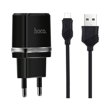 Сетевой адаптер Hoco C 12, кабель USB - microUSB, 1 метр черный