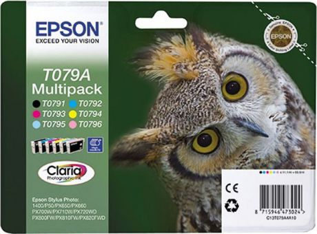 Картридж Epson T079A, черный, голубой, пурпурный, желтый, светло-голубой, светло-пурпурный, для струйного принтера, оригинал