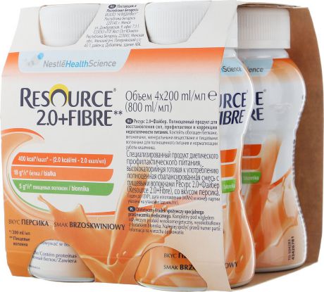 Resource 2.0+Fibre Продукт диетического профилактического питания, высококалорийная смесь с пищевыми волокнами со вкусом персика, 4 х 200 мл