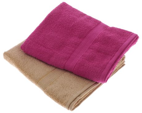 Набор махровых полотенец "Aisha Home Textile", цвет: светло-коричневый, малиновый, 70 х 140 см, 2 шт