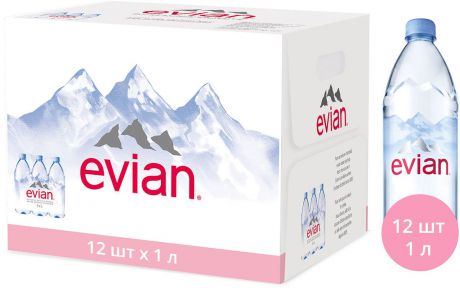 Evian вода минеральная природная столовая негазированная, 12 штук по 1 л