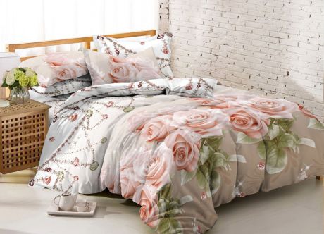 Комплект белья Amore Mio Макосатин Jakarta, 6831, бежевый, розовый, 1,5-спальный, наволочки 70x70