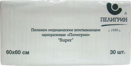Пеленка одноразовая Пелигрин Super, М60х60/30S, 60 х 60 см, 30 шт